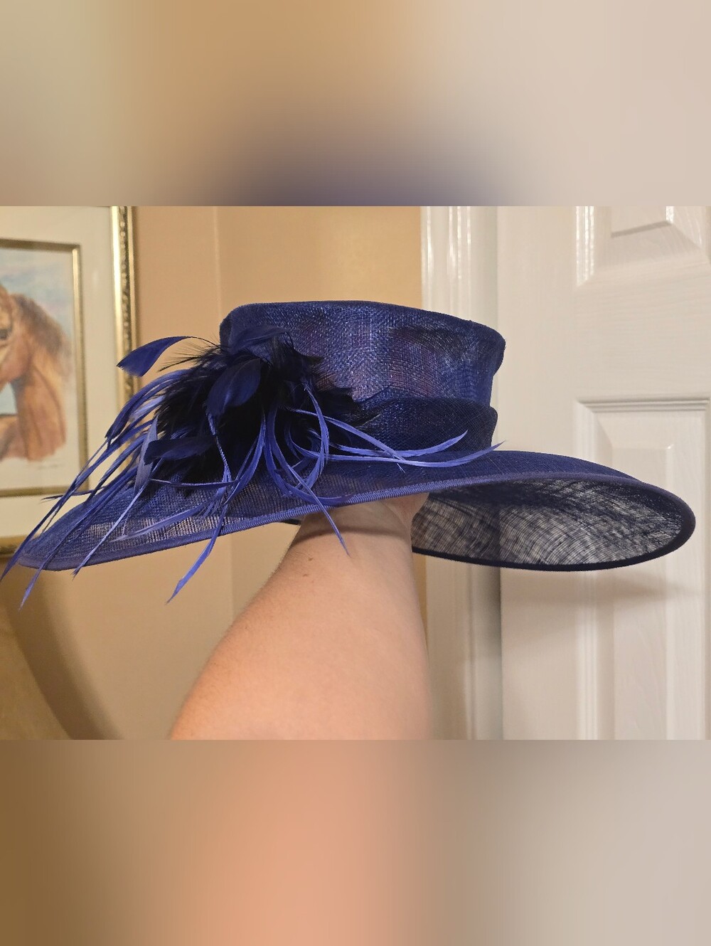 Classic Women's Royal Blue Sinamay Dress Derby Hat with Feather Detail